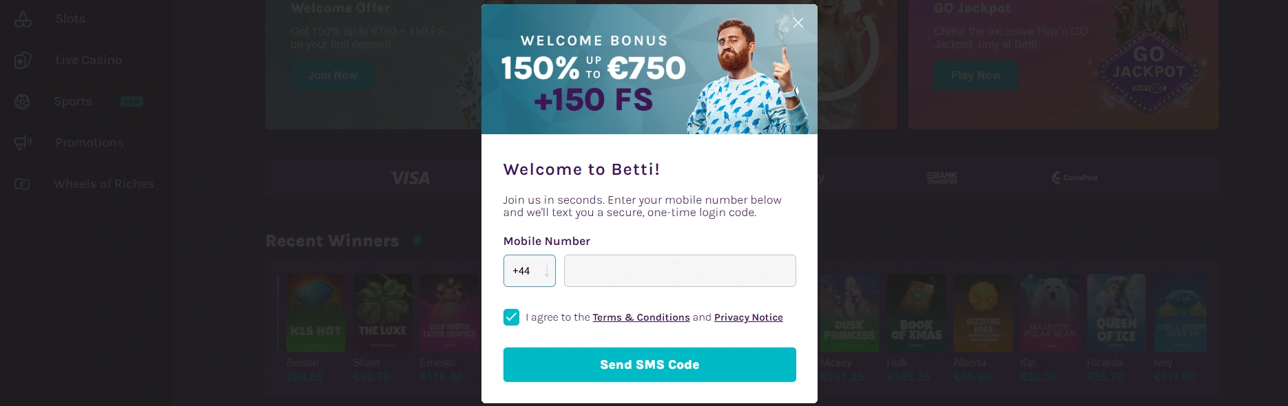 Betti Casino login interface and welcome screen